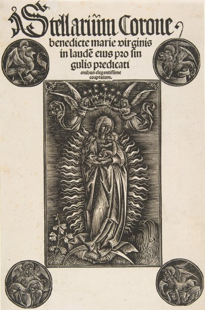 Pelbartus de Temesvar のタイトルページ、クレセントの聖母: Stellarium corone Schr. 2869年...、1502年。 作： Daniel Hopfer.