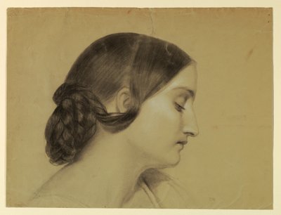ドローイング、三つ編みの結び目を持つ女性の横顔、1845年頃 作： Daniel Huntington