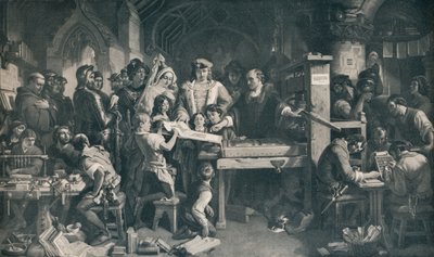 カクストンがエドワード4世に印刷した最初の標本を展示、c1858、1911 作： Daniel Maclise