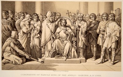 W.リッジウェイによって彫刻された1066年のハロルド2世の戴冠式 作： Daniel Maclise