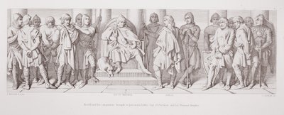 ハロルドと彼の仲間は、囚人として、L。グルーナーによって刻まれた「ノルマン征服の物語」（1866年）から、ポンチューの男と彼のノーマン騎士の前に連れてきました。 作： Daniel Maclise