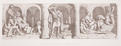 ハロルドとサクソン人は、1866年にL.グルーナーによって彫刻された「ノルマン征服の物語」から、モントルイユ近くのボーレン城に閉じ込められました。 作： Daniel Maclise
