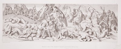 イギリスの規格の前にあるハロルドは、1866年にL.グルーナーによって彫刻された「ノーマン征服の物語」から落ちてくる矢が突き刺さっています。 作： Daniel Maclise