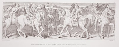 1866年にL.グルーナーによって刻まれた「ノーマン征服の物語」からのスタンフォードブリッジの戦いの前の、トスティグとその兄弟、トスティグの同盟者であるハードラダとのハロルドのインタビュー 作： Daniel Maclise