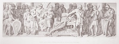 ウィリアムへのハロルドの忠誠の誓い、聖人の隠された遺物を誓った、L。グルーナーによって刻まれた「ノーマン征服の物語」から1866 作： Daniel Maclise