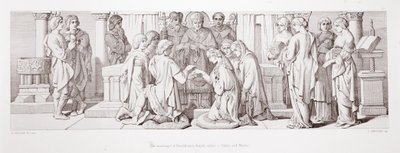 L.グルーナーによって刻まれた「ノーマン征服の物語」（1866年）のエドウィンとモルカーの妹アルディスとハロルドの結婚 作： Daniel Maclise