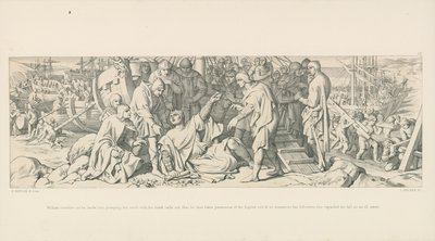 ウィリアムは上陸するときにつまずきますが、手で地球をつかむと、イギリスの土壌を手に入れることができ、彼の転倒を病気の前兆と見なした信者を安心させます。 作： Daniel Maclise