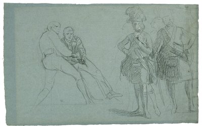 ジブラルタル包囲戦の研究（リンゼイ中佐とロープを引っ張る人物の研究）、c。 1786-1787（灰青色の紙に黒のネクタイと黒と白のチョーク） 作： Daniel Mytens