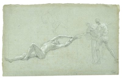 ジブラルタル包囲戦の研究（救出された人物とオールを引く2人の人物の研究）、1785-1786（灰緑色の紙に白黒チョーク） 作： Daniel Mytens