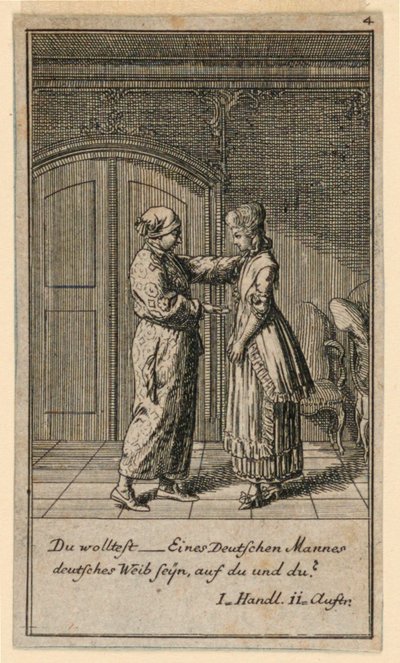 女の子と話している父または保護者、「Königl: Grosbrit [anian] 系図カレンダー for the 1782 年 Lauenberg by J.G. Berenberg」の Fredrich Wilhelm Grossman による劇「Not more than sachs Schuesseln」のイラスト 作： Daniel Nikolaus Chodowiecki