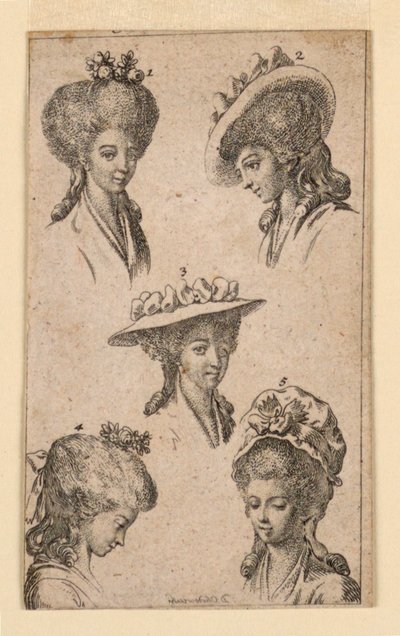 ベルリンの女性が着用する 5 つのヘッドギア、「Königl: Grosbrit [anian] 1783 年 Lauenberg の系図カレンダー by J.G. Berenberg」のイラスト 作： Daniel Nikolaus Chodowiecki
