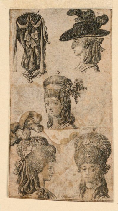 女性用のヘッドギア 5 点、「Königl: Grosbrit [anian] 1781 年 Lauenberg の系図カレンダー by J.G. Berenberg」の挿絵の断片 2 点 作： Daniel Nikolaus Chodowiecki