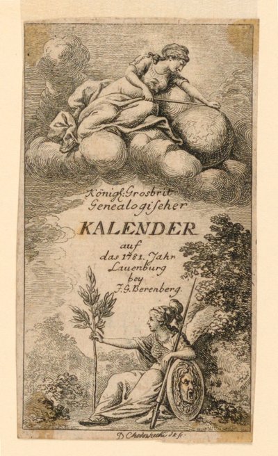 「Königl: 1781年のLauenbergのGrosbrit [anian]系図カレンダー J.G. Berenberg作」のタイトルページ 作： Daniel Nikolaus Chodowiecki