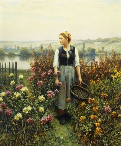 庭でバスケットを持つ少女 作： Daniel Ridgway Knight