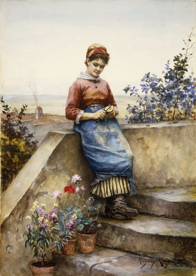 リンゴの皮をむく、1884 作： Daniel Ridgway Knight
