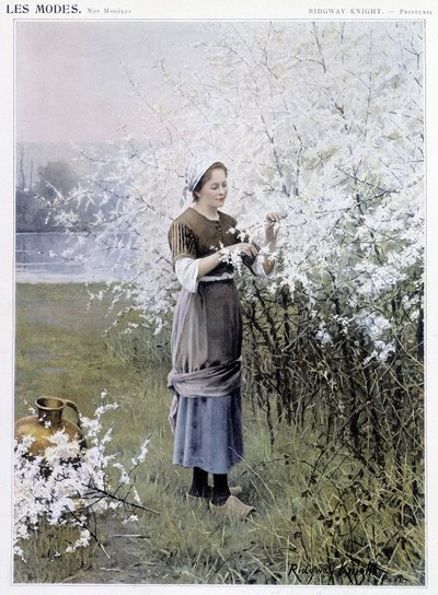 春。花を集める女性（R.ナイト作、1905年頃 作： Daniel Ridgway Knight
