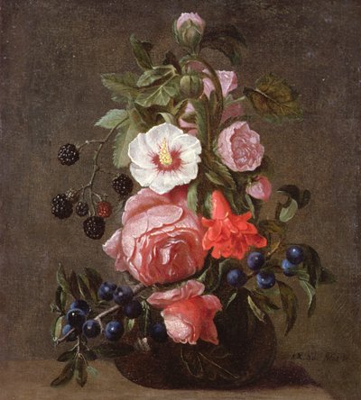 ガラスの花瓶に入った花とベリーの静物画 作： Daniel Seghers