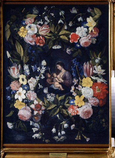 Wreath of Flowers with Madonna and Child (フローラル リース ウィズ マドンナ アンド チャイルド)。 Daniel Seghers (1590-1661) の絵画。 キャンバスに油彩、82 x 64 cm。 フランダース美術、バロック美術。 州立美術館、トゥーラ (またはトラン)。 作： Daniel Seghers