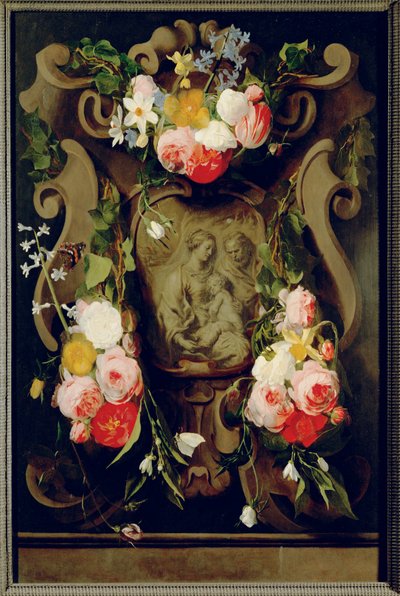 聖家族と静物画（油彩、オーク材） 作： Daniel Seghers