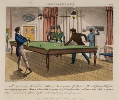 トーマス・マクレーンが1823年に出版した「The Necessary Qualifications of a Man of Fashion」のプレート6「Indifference」（カラー・アクアチント）。 作： Daniel Thomas Egerton