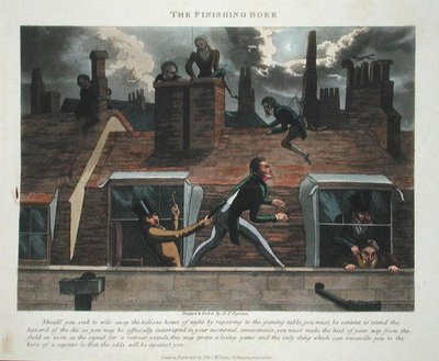 1824年に出版された「ピーター・クイズの『ファッショナブル・ボア』または『ハイ・ライフのクーラー』」からの「フィニッシング・ボア」（手彩色アクアチント） 作： Daniel Thomas Egerton