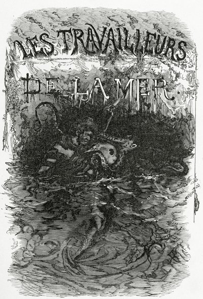 小説「レトラヴェイユドゥラメール」のイラスト、19世紀（bw彫刻） 作： Daniel Urrabieta Vierge