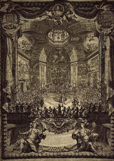 1686年12月、ハーグのサロン・デュ・ボワでオレンジ公の誕生日を祝って行われた、オレンジ公妃の大饗宴（エングレービング） 作： Daniel the Elder Marot