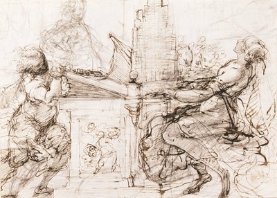 オルガンを演奏するローマの聖セシリア (オルガンの聖セシリア) - ダニエレ・クレスピ (1598-1630) の作品、紙にチョークと水彩 作： Daniele Crespi