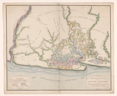 スリナムの地図の一部 主に植民地の現在の建物を描いた、スリナム植民地の一般的な地図 作： Daniël Veelwaard (I)