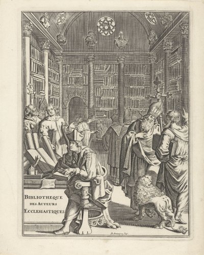 聖職者と図書館のインテリア タイトル ページ: Bibliotheque des Authors Ecclesiastiques、年なし 作： Daniël met de Penningen