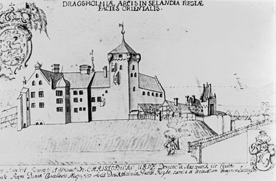 ドラグスホルム城、シーランド（ペンと紙にインク） 作： Danish School