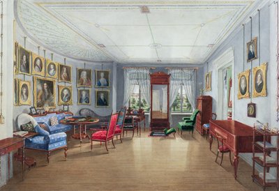応接室の写真ギャラリーのインテリア、c.1835（紙にガッシュを付けたトイレ） 作： Danish School