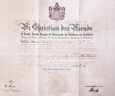 1880年に中国の香港でデンマーク領事にウィリアムケズウィックを任命したデンマークのクリスチャンIXによって署名された特許 作： Danish School
