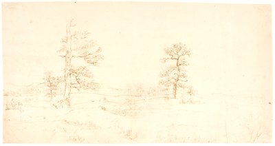 いくつかの孤独なオークの木がある丘陵の風景の眺め 作： Dankvart Dreyer