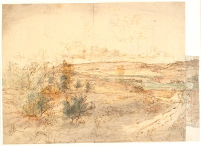 牧草地の周りに大きな丘がある風景の広い景色。 西フネン？ 作： Dankvart Dreyer