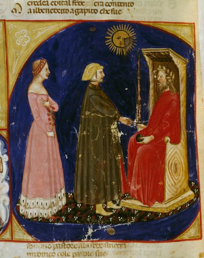 Dante e Beatrice encontrando Justiniano, cena do Paraíso, Canto VI, da Divina Comédia de Dante Alighieri (1265-1321), miniatura do Vêneto, Itália 作： Dante Alighieri