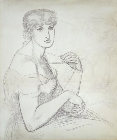 ネックレスをつけた着席女性、右側にもう一人の女性像、 作： Dante Gabriel Charles Rossetti