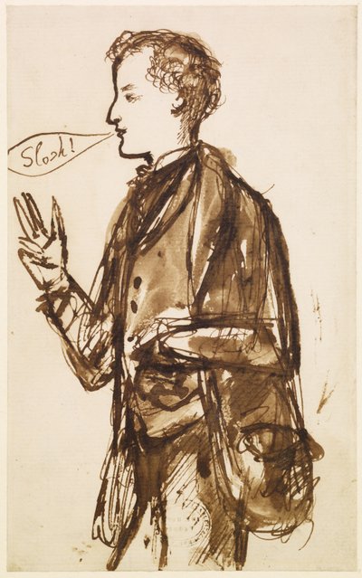 ジョン・エヴァレット・ミレーの似顔絵、1851年から53年頃（ペンとインク、紙に洗う） 作： Dante Gabriel Charles Rossetti