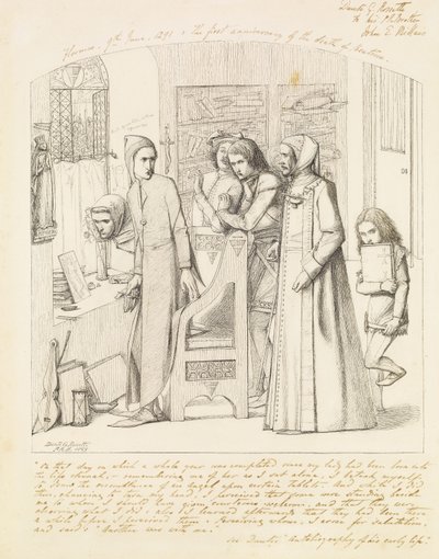 ダンテがベアトリスの死の最初の記念日に天使を描く、1848-9 作： Dante Gabriel Charles Rossetti