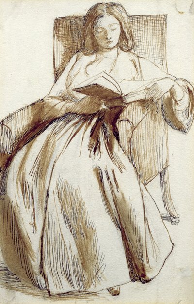 エリザベス・シドダル読書（ペンとインクとウォッシュ） 作： Dante Gabriel Charles Rossetti