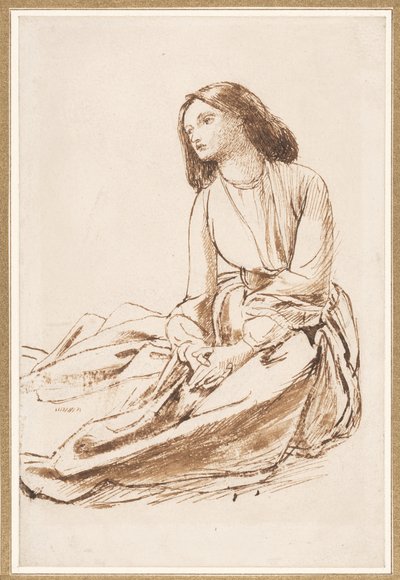 エリザベス・シドダル、地面に座っている（ペン、セピア、紙に洗う） 作： Dante Gabriel Charles Rossetti