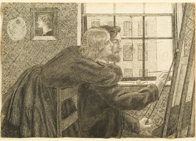 ロセッティススタジオでのファニーコーンフォースとのGPボイス、チャタムプレイス、1858年頃（紙にインク） 作： Dante Gabriel Charles Rossetti