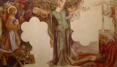 ランスロット卿は彼の罪により聖杯礼拝堂への進入を阻止しました 作： Dante Gabriel Charles Rossetti