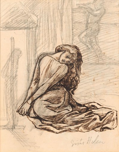 シスター・ヘレン、1870年頃（ボードに取り付けられた紙に黒鉛と茶色のインク） 作： Dante Gabriel Charles Rossetti