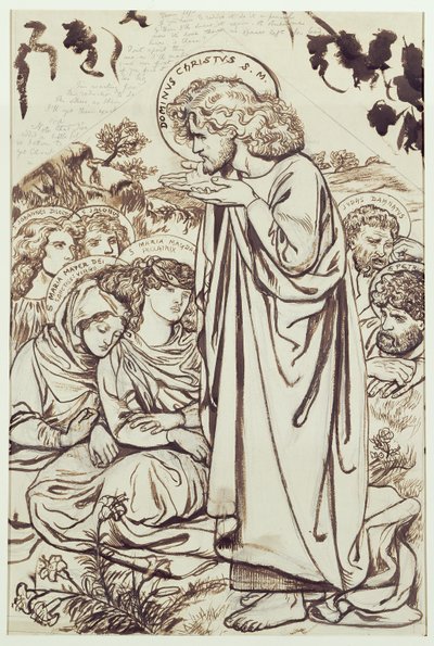 山上の説教（インク、ペン、紙に水彩） 作： Dante Gabriel Charles Rossetti