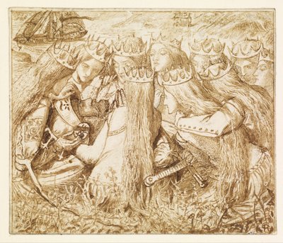 モクソンの『テニーソン』のためのデザイン ― 『アーサー王と泣く女王たち』 作： Dante Gabriel Rossetti