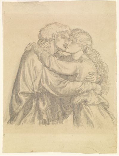 祝福されたダモーゼル - 抱擁する二人の恋人の研究 作： Dante Gabriel Rossetti