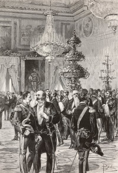 大晦日を祝うイタリアの政治家と将校たち（イタリア、ローマ、クィリナル宮殿にて）ダンテ・パオロッチのデッサンからセンテナーリによるエングレーヴィング。 作： Dante Paolocci