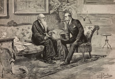 サヴォイ国王ウンベルト1世（1844年～1900年）とアゴスティーノ・デ・プレティス参事会議長（1813年～1887年）、ダンテ・パオロッチのデッサンによるエングレーヴィング（「イタリア・イラストラツィオーネ」29号、7月10日号より 作： Dante Paolocci