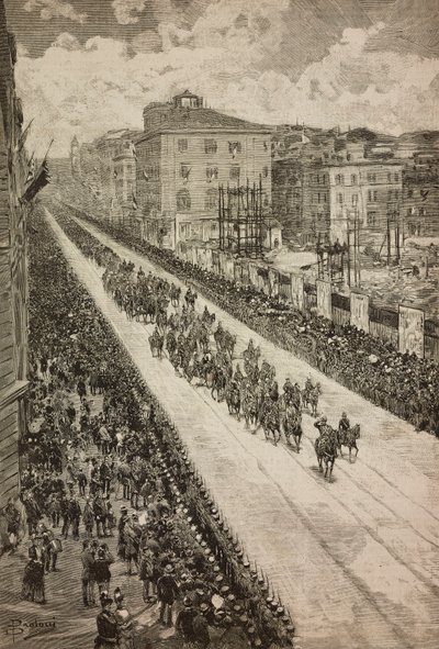 ドガリ記念碑の落成式後、クイリナルに戻る国王（イタリア、ローマ、ダンテ・パオロッチのデッサンによるエングレーヴィング、「L